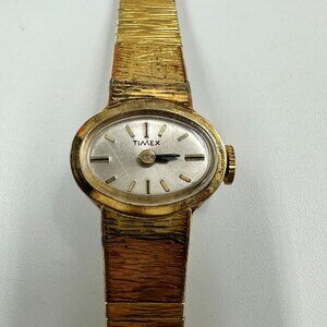 Vintage Timex Watch Women Gold Tone Small Oval Dial Manual Wind 7.25"